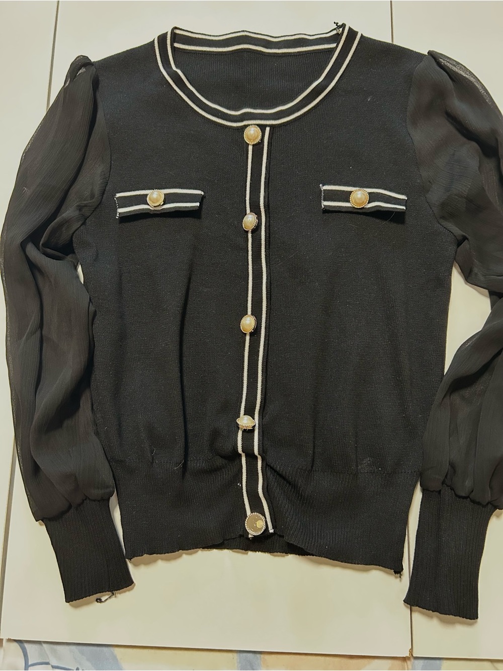 Women's Black Contrast-Trim Cardigan Blazer with Pearl Buttons